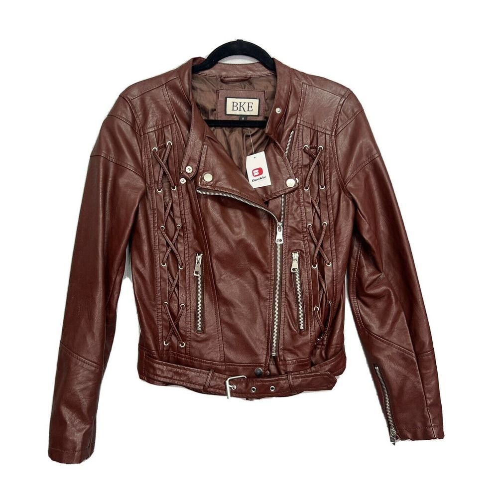 NWT BKE Full Zip Faux Leather Y2K Jacket, Retro Moto Chocolate Brown ~Small